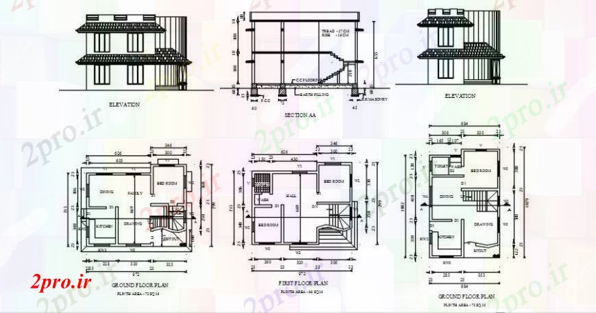 دانلود نقشه مسکونی ، ویلایی ، آپارتمان طرحی نما و جزئیات مقطعی مسکن ویلا 96 در 140 متر (کد93172)