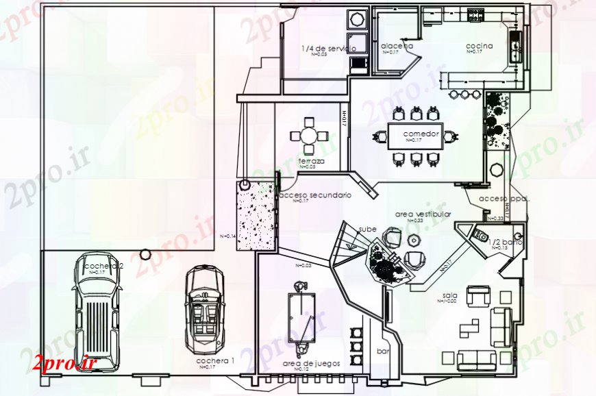 دانلود نقشه مسکونی  ، ویلایی ، آپارتمان  طرحی توزیع خانه خانواده تنها با مبلمان  (کد93185)