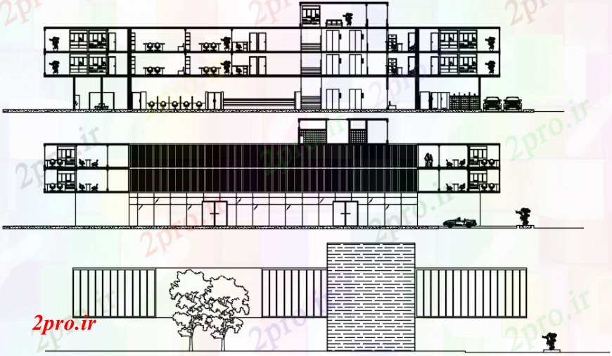 دانلود نقشه ساختمان دولتی ، سازمانی نما اصلی و هر دو بخش طرفه طراحی جزئیات از دفتر شهرداری 47 در 55 متر (کد93197)