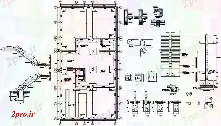 دانلود نقشه طراحی جزئیات ساختار طرحی بنیاد، راه پله و ساخت و ساز و ساختار جزئیات (کد93245)