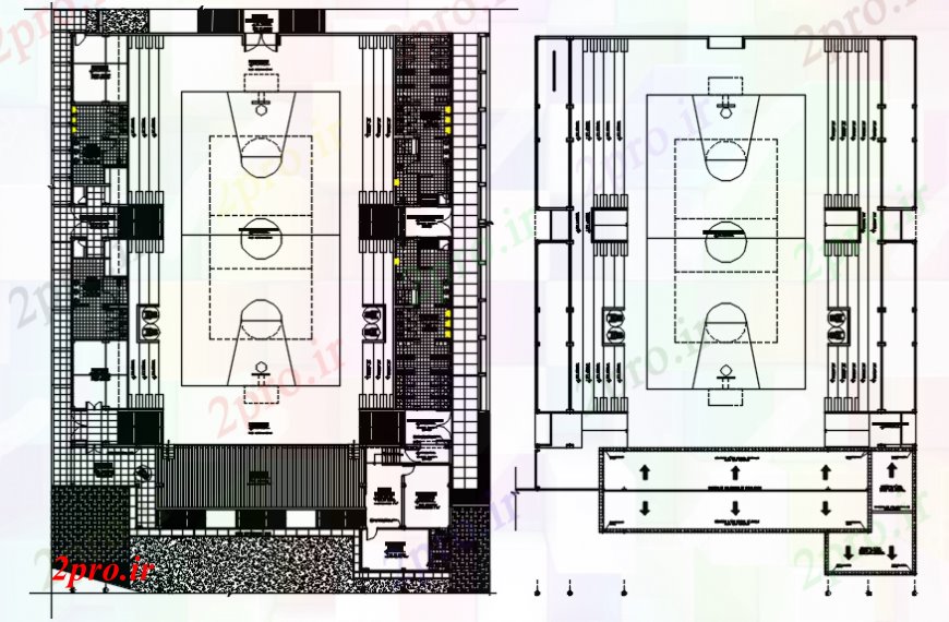 دانلود نقشه ورزشگاه ، سالن ورزش ، باشگاه دادگاه های ورزشی متعدد محوطه سازی ساختار و طراحی جزئیات 30 در 34 متر (کد93248)
