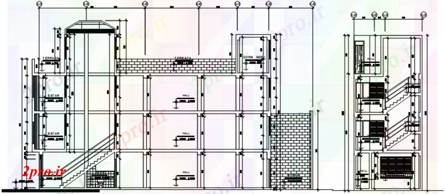 دانلود نقشه مسکونی ، ویلایی ، آپارتمان مسکونی تخت چند سطح ساخت و ساز اصلی و بخش سمت طراحی جزئیات 5 در 20 متر (کد93276)