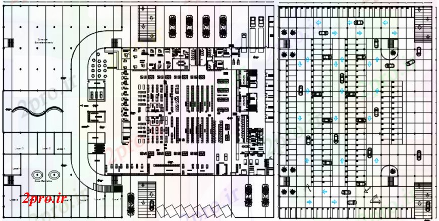 دانلود نقشه هایپر مارکت - مرکز خرید - فروشگاه محلی مرکز خرید توزیع ساختمان طرحی های 100 در 128 متر (کد93310)