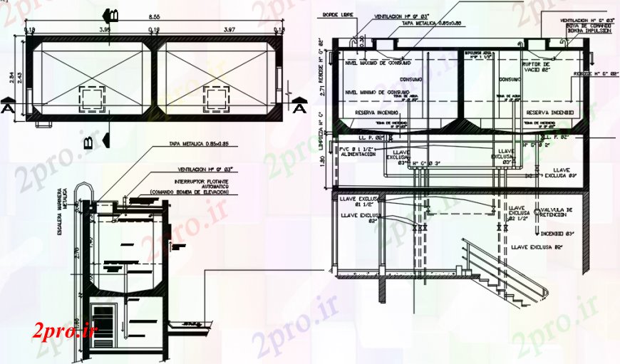 دانلود نقشه طراحی جزئیات ساختار برتر بخش مخزن آب، طرحی و ساختار لوله کشی جزئیات  (کد93324)