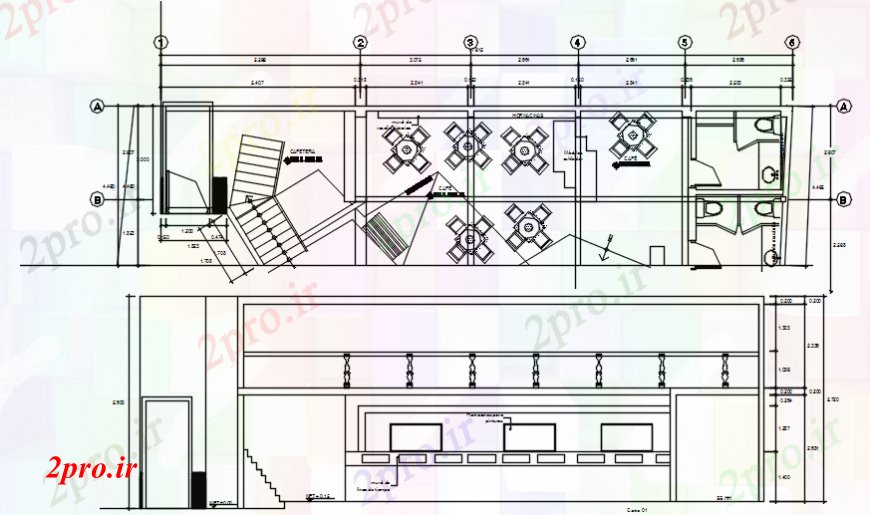 دانلود نقشه هتل - رستوران - اقامتگاه کافه بالا مبلمان داخلی بخش طرح 10 در 18 متر (کد93358)