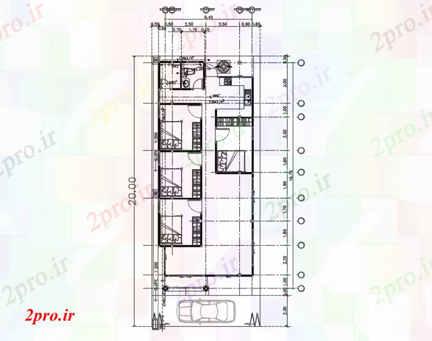 دانلود نقشه حمام مستر طراحی دو بعدی از چهار اتاق خواب طرحی خانه خودکار 7 در 17 متر (کد93361)