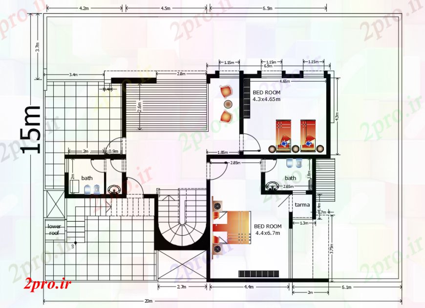 دانلود نقشه مسکونی  ، ویلایی ، آپارتمان  طراحی  دو بعدی  خانه محصولات بلند دوم طبقه   (کد93378)