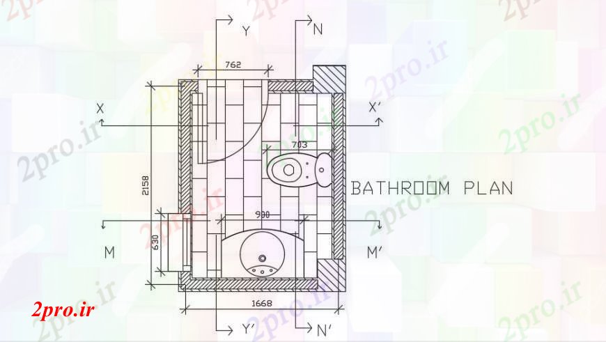 دانلود نقشه حمام مستر نمای بالای حمام طرحی 2 در 3 متر (کد93380)