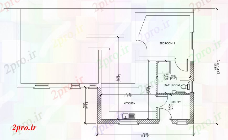 دانلود نقشه حمام مستر طراحی دو بعدی از کف اتاق خواب طرحی خودکار 9 در 13 متر (کد93387)