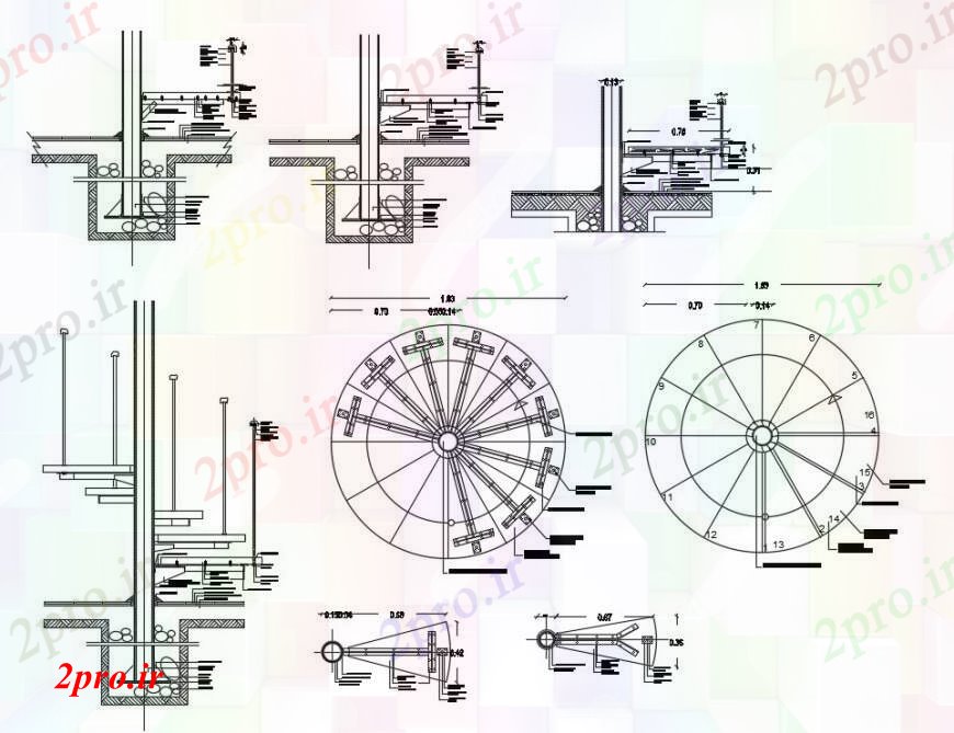 دانلود نقشه جزئیات ساخت و ساز طراحی  دو بعدی  از  اتوکد راه پله مارپیچ (کد93463)