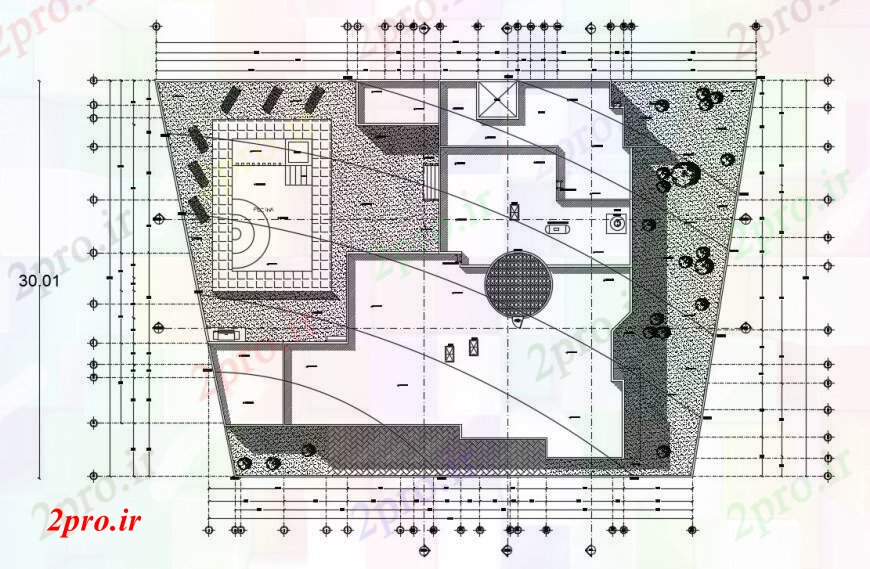 دانلود نقشه معماری معروف طراحی دو بعدی از اتوکد نما معماری 27 در 29 متر (کد93555)