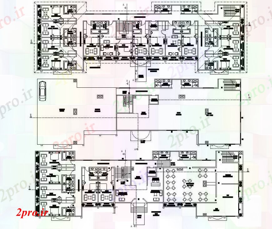 دانلود نقشه هتل - رستوران - اقامتگاه اتاق خواب هتل طراحی 16 در 47 متر (کد93593)