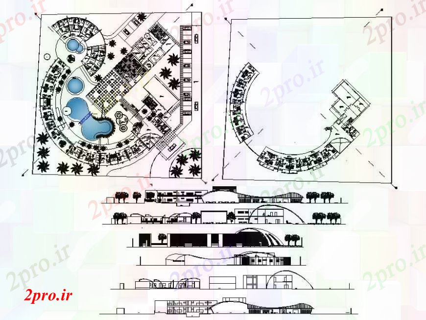 دانلود نقشه هتل - رستوران - اقامتگاه هتل خرچنگ ساحل طراحی 84 در 84 متر (کد93616)