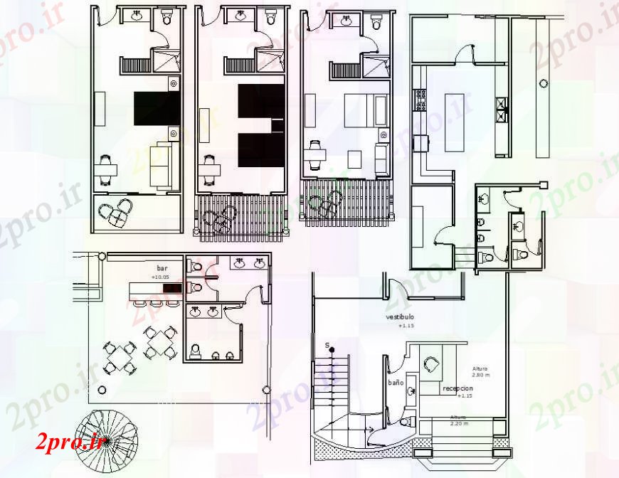 دانلود نقشه هتل - رستوران - اقامتگاه   اتاق خواب هتل   جزئیات (کد93625)