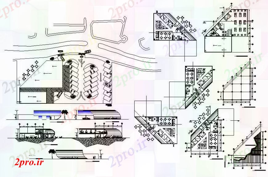 دانلود نقشه هتل - رستوران - اقامتگاه پروژه کافه تریا جزئیات 20 در 26 متر (کد93628)