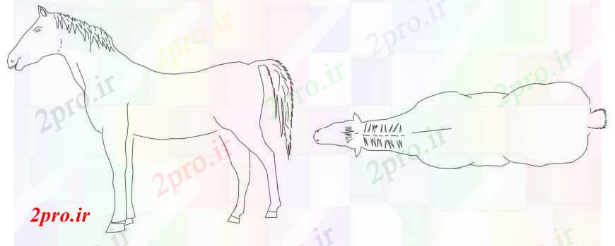 دانلود نقشه بلوک حیوانات جزئیات  طراحی های نمای بالای اسب (کد93681)
