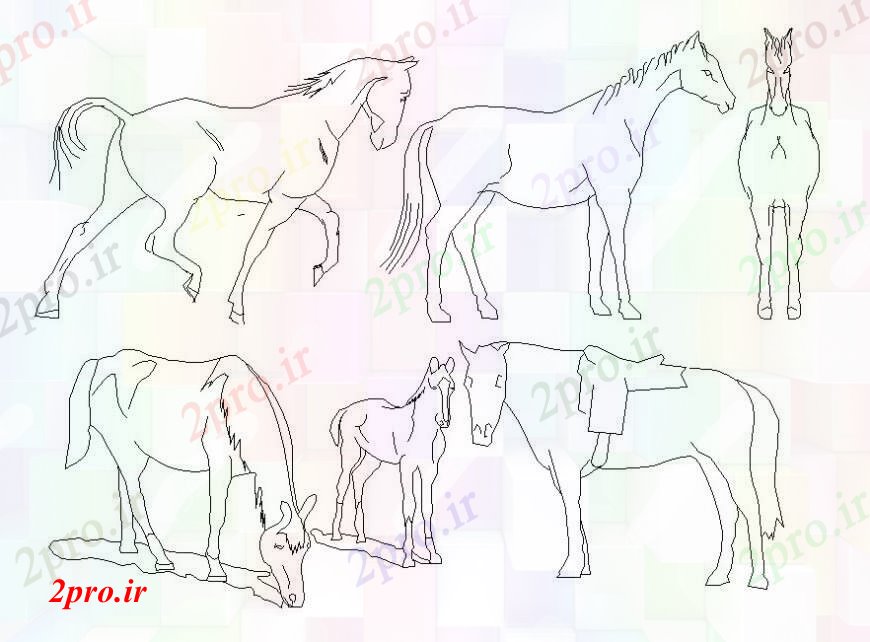 دانلود نقشه بلوک حیوانات اسب دو بعدی  زاویه دید های مختلف  های  (کد93765)