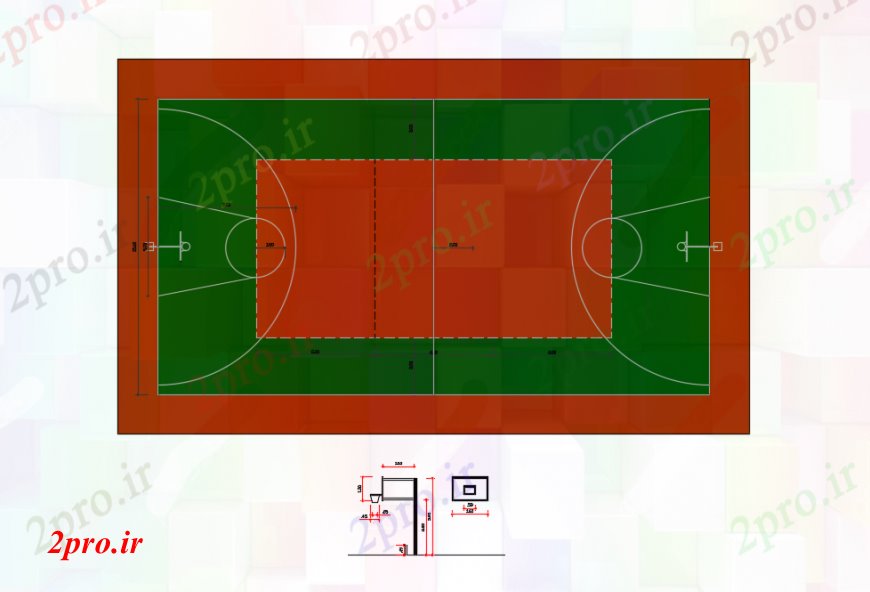 دانلود نقشه ورزشگاه ، سالن ورزش ، باشگاه طراحی دو بعدی بسکتبال اتوکد دادگاه 19 در 32 متر (کد93775)