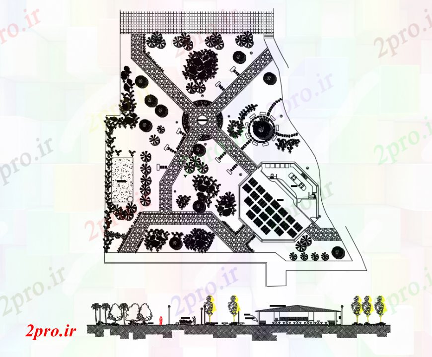 دانلود نقشه طراحی پارک - محوطه - باغ طراحی دو بعدی از پارک بالا نما اتوکد 45 در 48 متر (کد93915)
