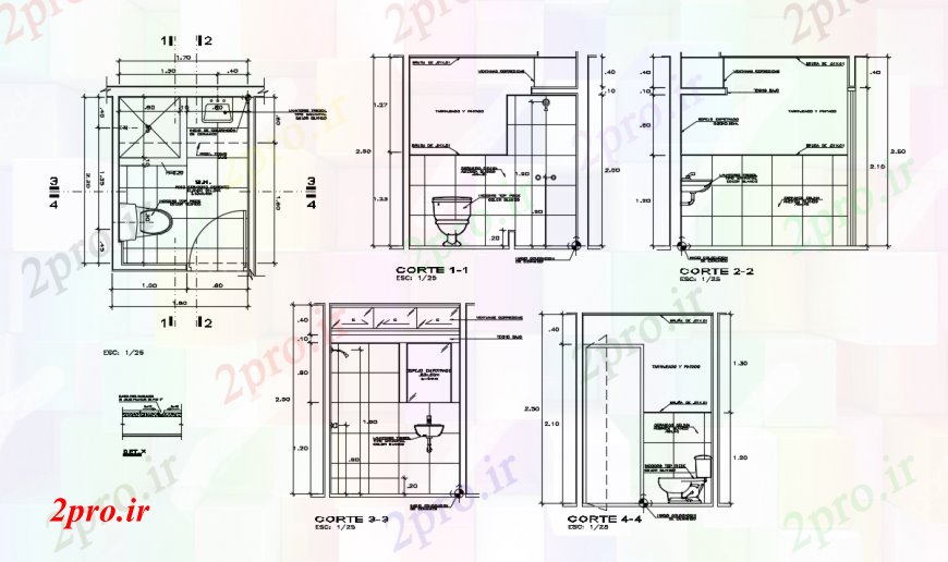 دانلود نقشه مسکونی ، ویلایی ، آپارتمان طراحی دو بعدی از خانه سرپرست منطقه توالت اتوکد 10 در 12 متر (کد93919)