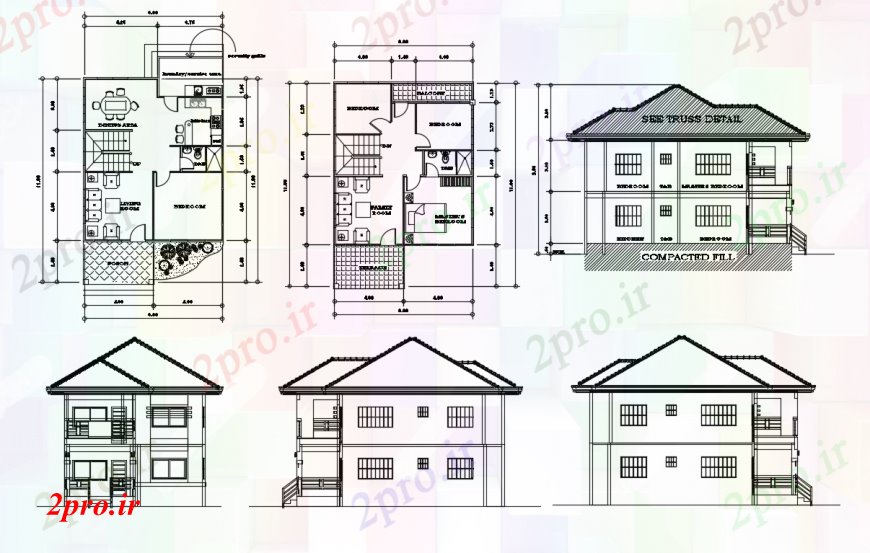 دانلود نقشه مسکونی ، ویلایی ، آپارتمان طراحی دو بعدی خانه 2 نما اتوکد 8 در 12 متر (کد93961)