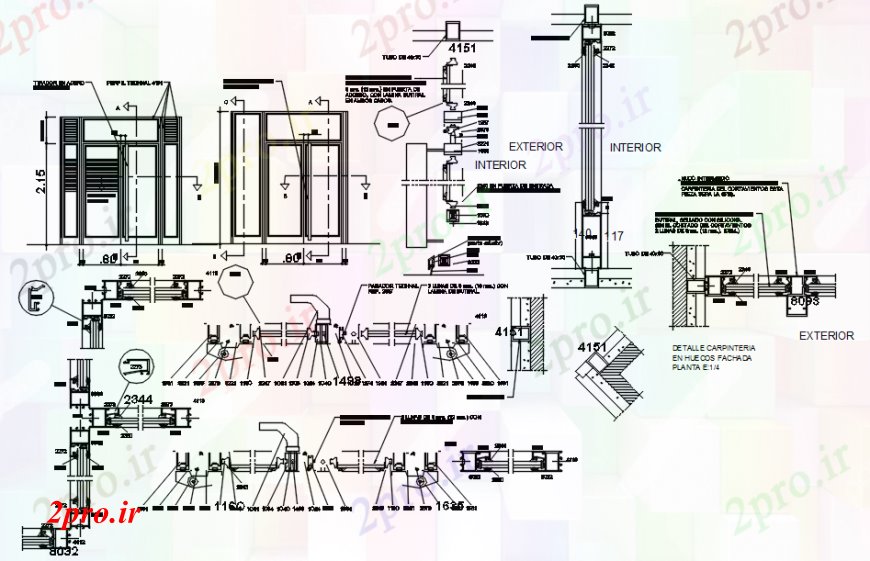 دانلود نقشه جزئیات طراحی در و پنجره  پنجره های آلومینیومی بلوک نقشه های دو بعدی   نما و بخش  (کد94033)
