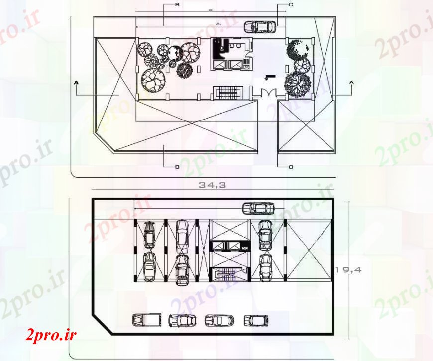 دانلود نقشه مسکونی  ، ویلایی ، آپارتمان  طراحی  دو بعدی  از پارکینگ اتومبیل  اتوکد آپارتمان   (کد94043)