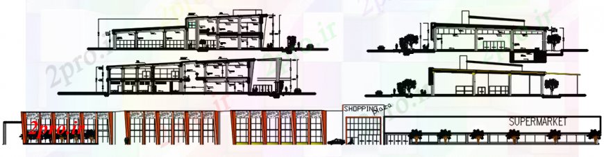 دانلود نقشه هایپر مارکت - مرکز خرید - فروشگاه نما مجتمع تجاری و بخش طرفه طراحی جزئیات 38 در 135 متر (کد94160)