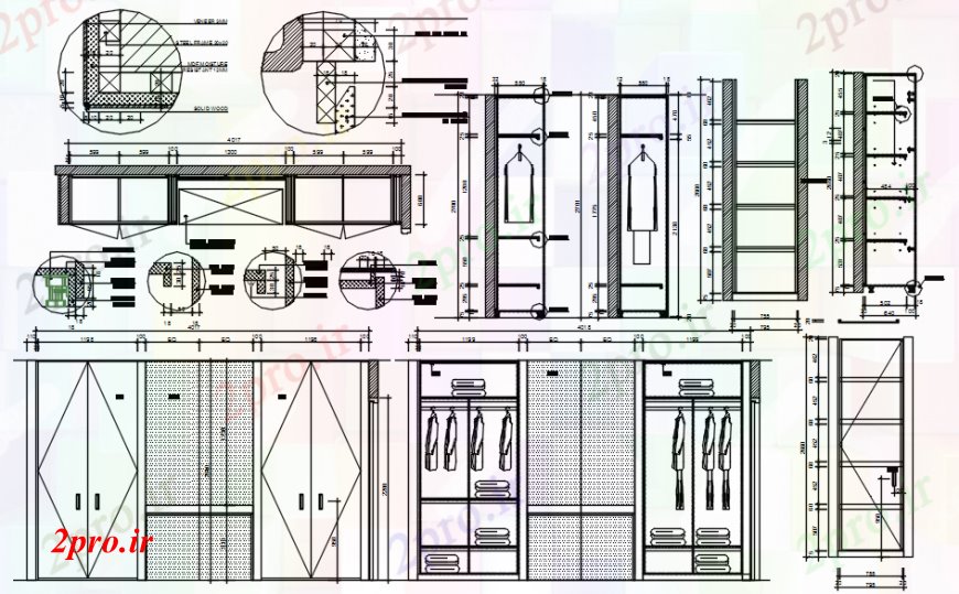 دانلود نقشه کمد دیواری لباس چوبی نما کمد لباس، بخش، برنامه ریزی و نجاری دو بعدی طراحی جزئیات 3 در 4 متر (کد94275)