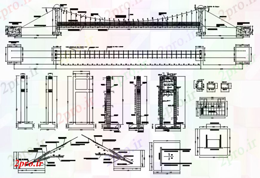 دانلود نقشه جزئیات ساخت پل حلق آویز بخش پل، مبنایی و ساختار طراحی جزئیات  (کد94300)