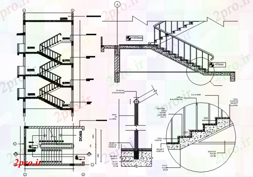 دانلود نقشه جزئیات پله و راه پله   راه پله برای سه بخش طبقه ساختمان و ساخت و ساز طراحی جزئیات  (کد94318)