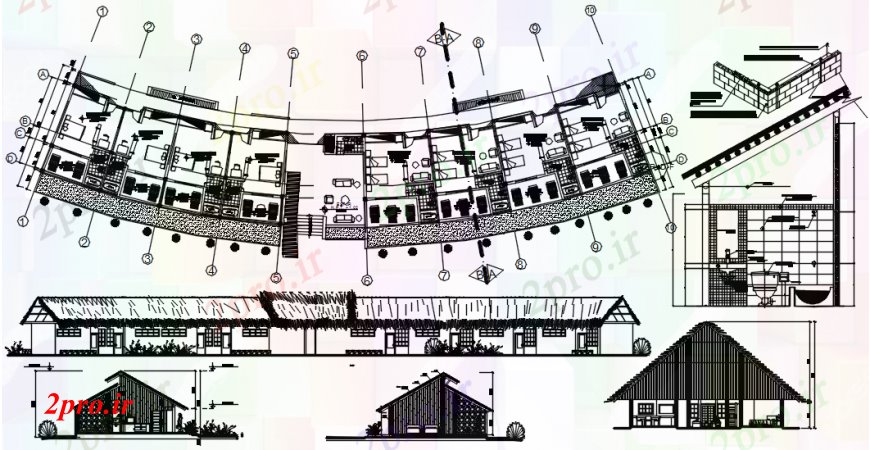 دانلود نقشه هتل - رستوران - اقامتگاه  نماات چوب رفت و آمد مکرر و کف طرحی های  (کد94323)