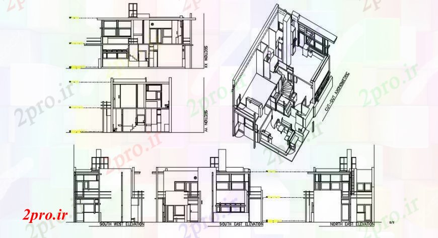 دانلود نقشه مسکونی ، ویلایی ، آپارتمان Shroder خانه قطع بخش axonometric و نما طرفه طراحی جزئیات 6 در 10 متر (کد94338)