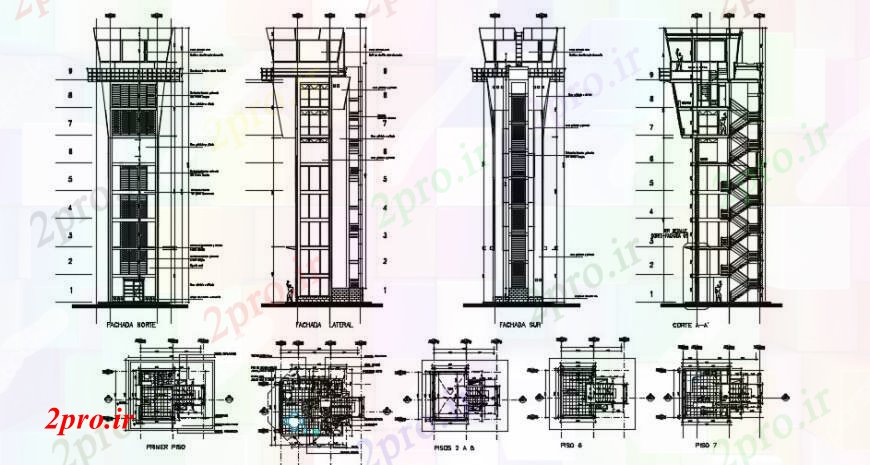 دانلود نقشه فرودگاه ترافیک هوایی برج کنترل ساخت و ساز نما، بخش و طرحی طبقه طراحی جزئیات 5 در 8 متر (کد94364)