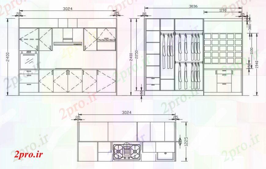دانلود نقشه طراحی مبلمان آشپزخانه طراحی  دو بعدی  از آشپزخانه و کمد لباس  اتوکد (کد94372)