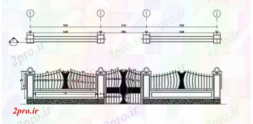 دانلود نقشه جزئیات طراحی در و پنجره  اصلی نما مقابل دروازه با حصار و ساختار طراحی جزئیات  (کد94392)