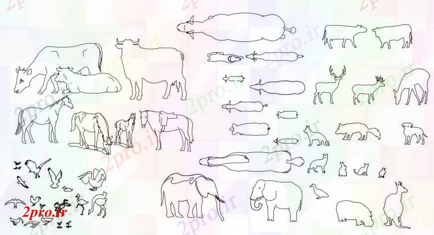 دانلود نقشه بلوک حیوانات جزئیات  طراحی های بوفالو، گاو و گوساله و گوزن (کد94455)