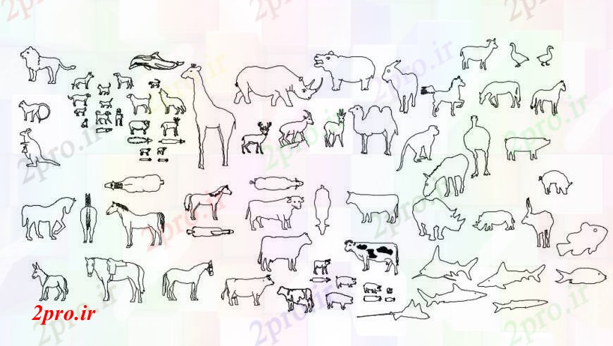 دانلود نقشه بلوک حیوانات جزئیات  طراحی های بوفالو، گاو و گوساله، اسب و گوزن (کد94456)