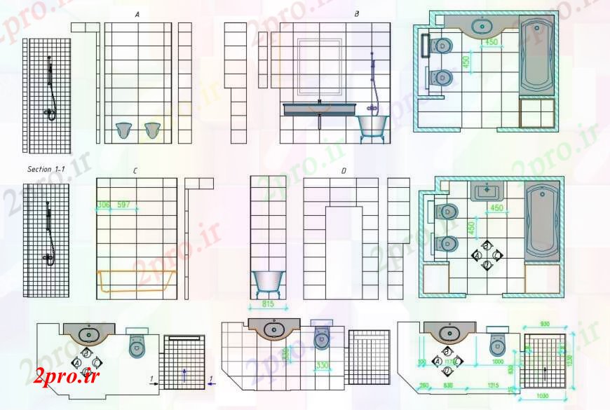 دانلود نقشه حمام مستر طراحی دو بعدی آپارتمان لوکس اتوکد توالت 18 در 32 متر (کد94464)