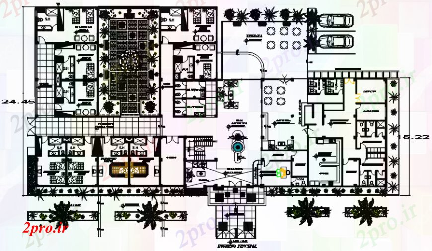 دانلود نقشه هتل - رستوران - اقامتگاه طراحی جزئیات هتل ساخت طرحی طبقه در اتوکد 23 در 45 متر (کد94492)