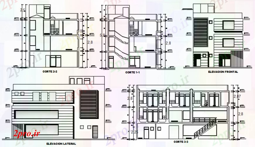 دانلود نقشه مسکونی ، ویلایی ، آپارتمان نما و طراحی بخش جزئیات دو طبقه آپارتمان 9 در 17 متر (کد94509)