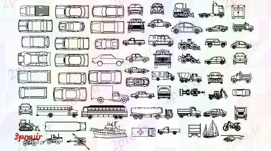 دانلود نقشه بلوک وسایل نقلیه حمل و نقل خودرو و نما ماشین بلوک های متعدد طراحی جزئیات  (کد94600)