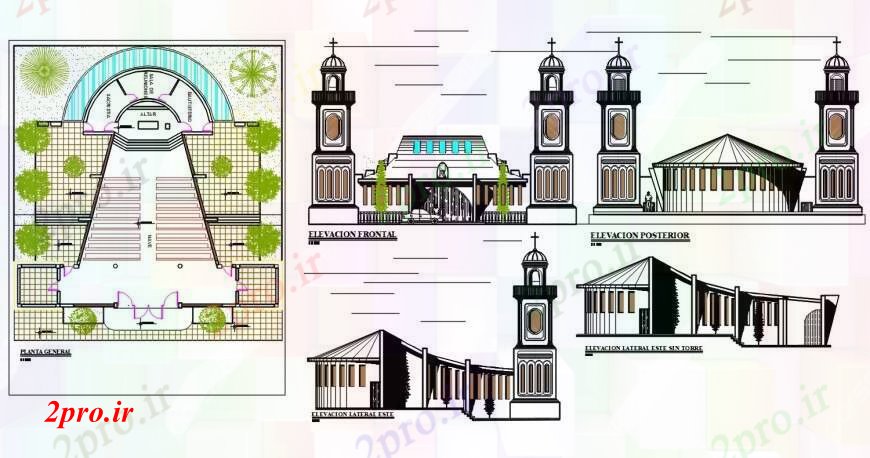 دانلود نقشه کلیسا - معبد - مکان مذهبی کلیسا مذهبی  در نماات طرفه و طرحی کلی طراحی جزئیات  (کد94624)