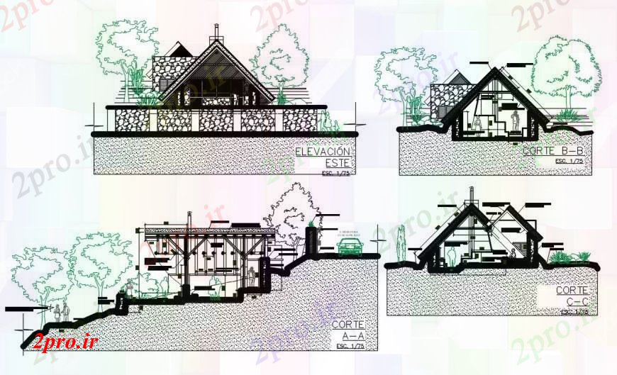 دانلود نقشه مسکونی  ، ویلایی ، آپارتمان  ویلایی در نما کوه و بخش طراحی جزئیات  (کد94663)