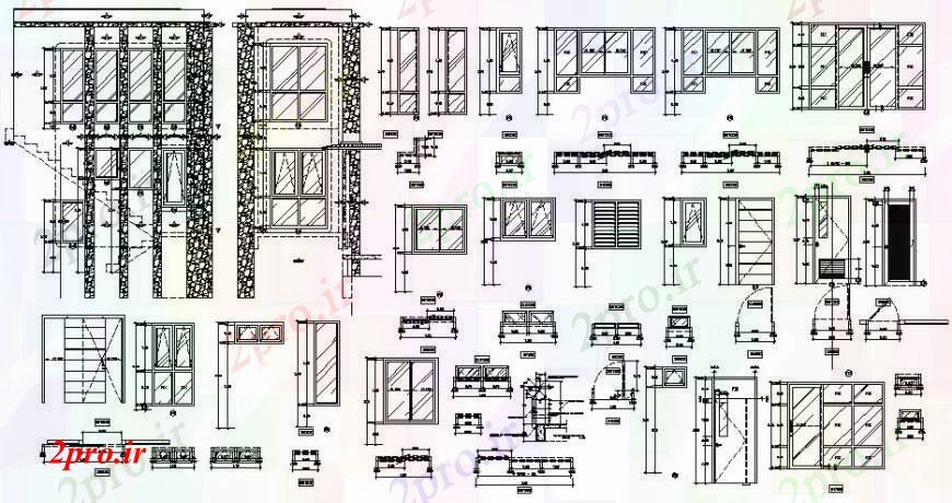 دانلود نقشه جزئیات طراحی در و پنجره  درب های متعدد چوبی و پنجره نما و ساختار نصب و راه اندازی طراحی جزئیات  (کد94678)