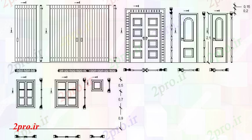 دانلود نقشه جزئیات طراحی در و پنجره  چند درب و نما دروازه بلوک های یک و دو طراحی جزئیات  (کد94753)