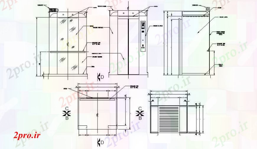 دانلود نقشه  جزئیات آسانسور و    نماات کابین، بخش نصب و راه اندازی و طراحی   (کد94770)