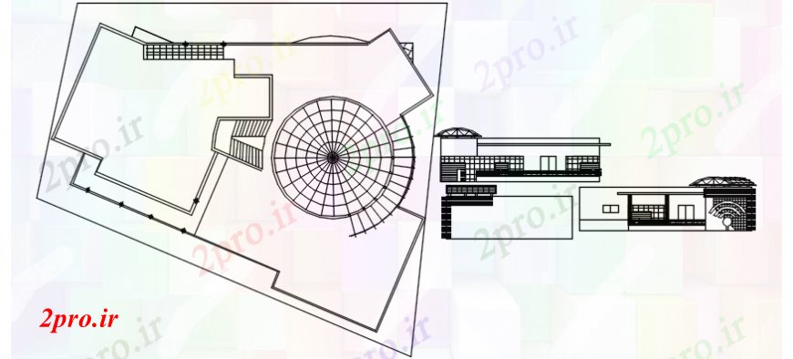 دانلود نقشه ساختمان مرتفعجلو و سمت مقطعی نمای ساختمان نما 26 در 35 متر (کد94777)