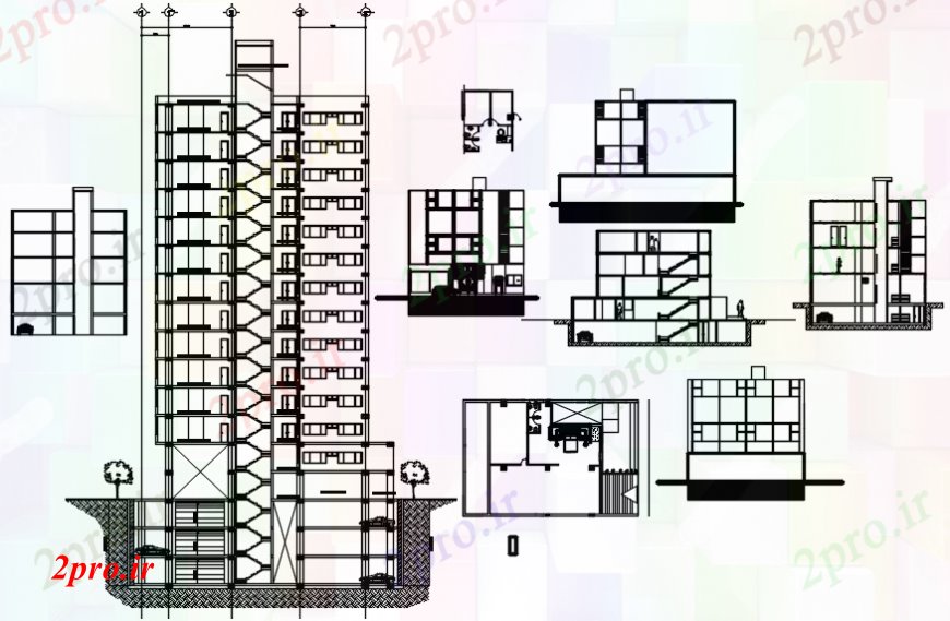 دانلود نقشه ساختمان مرتفعبخش هایی از ساختمان های بلند 21 در 21 متر (کد94784)