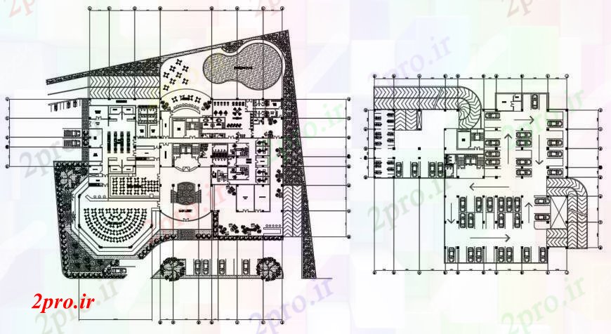 دانلود نقشه هتل - رستوران - اقامتگاه طراحی دو بعدی از هتل نما بیرونی اتوکد 35 در 60 متر (کد94826)